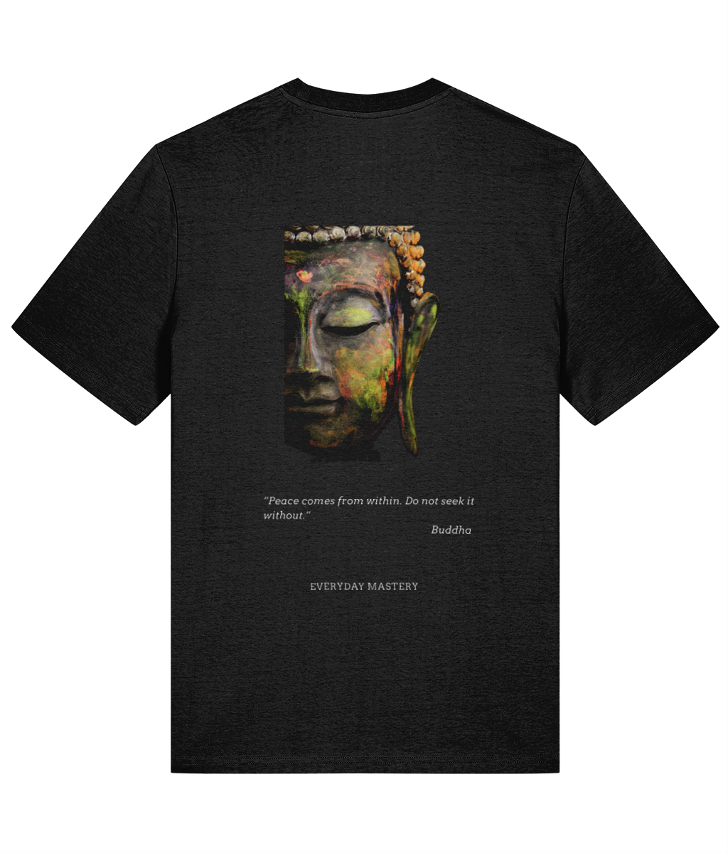 Premium organic cotton Buddha t-shirt featuring “Peace comes from within. Do not seek it without.” A sustainable mindfulness tee for meditation, spirituality, and everyday wisdom