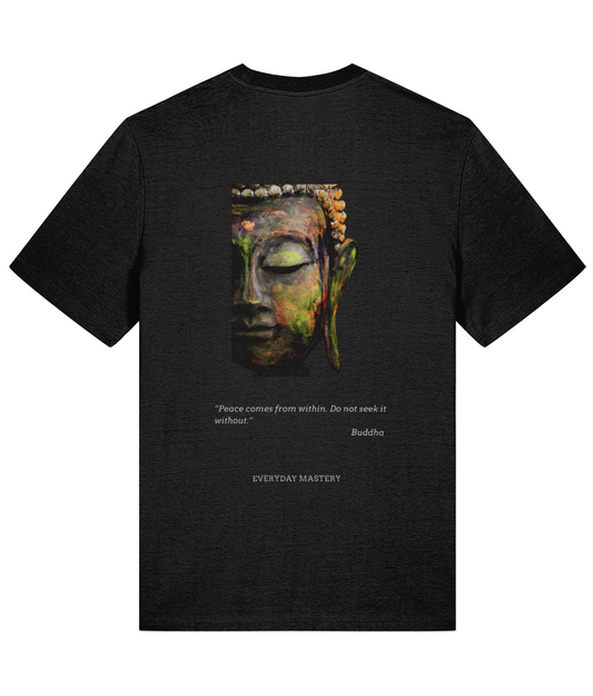 Premium organic cotton Buddha t-shirt featuring “Peace comes from within. Do not seek it without.” A sustainable mindfulness tee for meditation, spirituality, and everyday wisdom